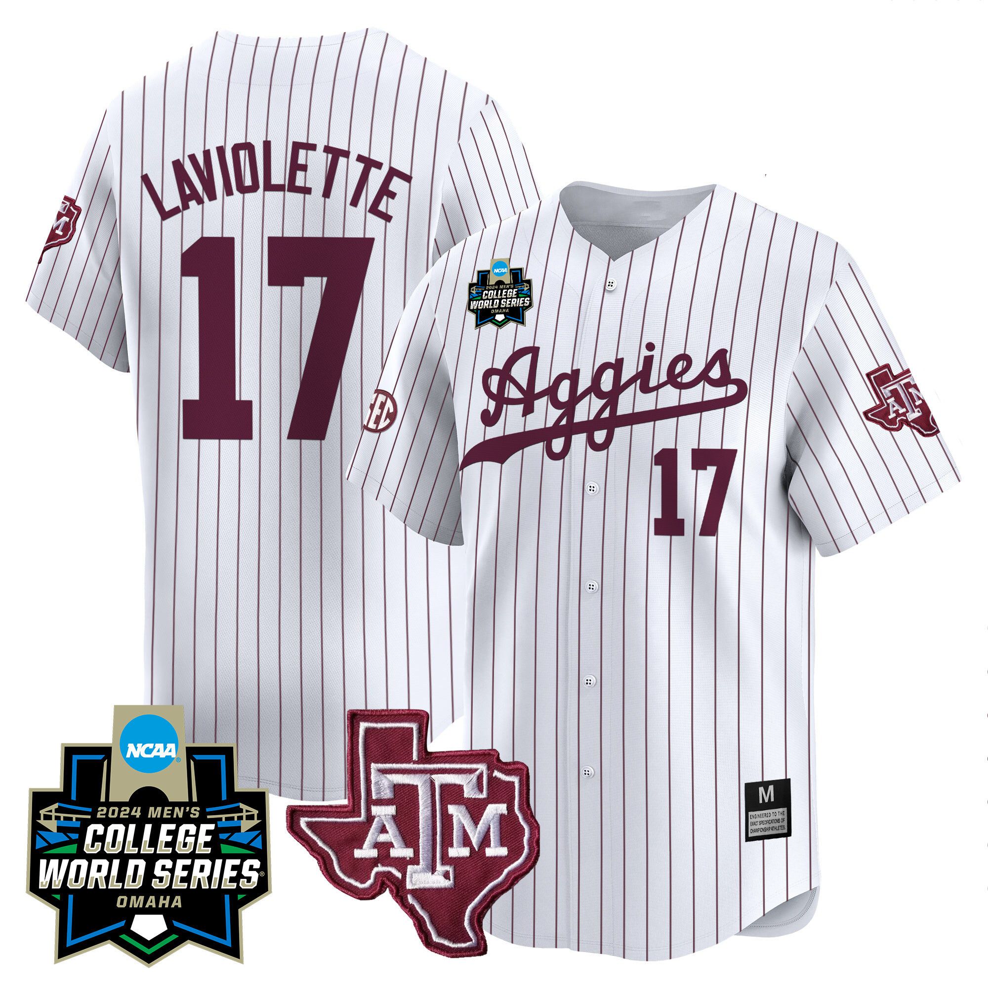 Men Texas A&M Aggies #17 Laviolette White Stripe 2024 College World Series Vapor Premier Limited NCAA Jersey